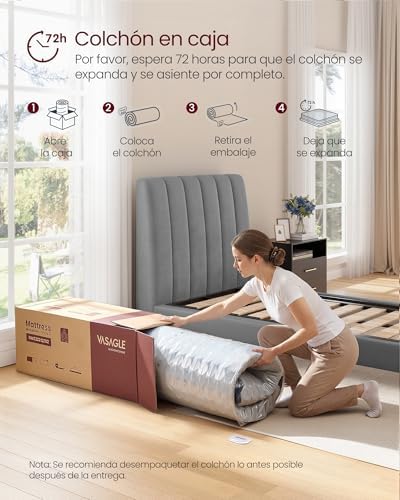 VASAGLE Colchón Individual, 90 x 190 x 25 cm, Colchón Híbrido con Muelles Ensacados, Espuma Viscoelástica con Gel, 7 Zonas de Soporte, Bordes Reforzados, Funda Transpirable, Azul RMZ221QZ02