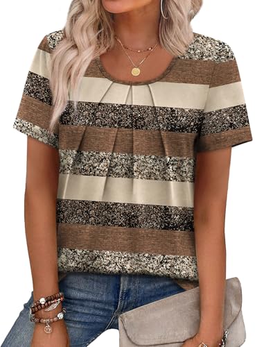 Image of WIHOLL Women T Shirts Pleated Short Sleeve Tops Business Casual Dressy Blouses