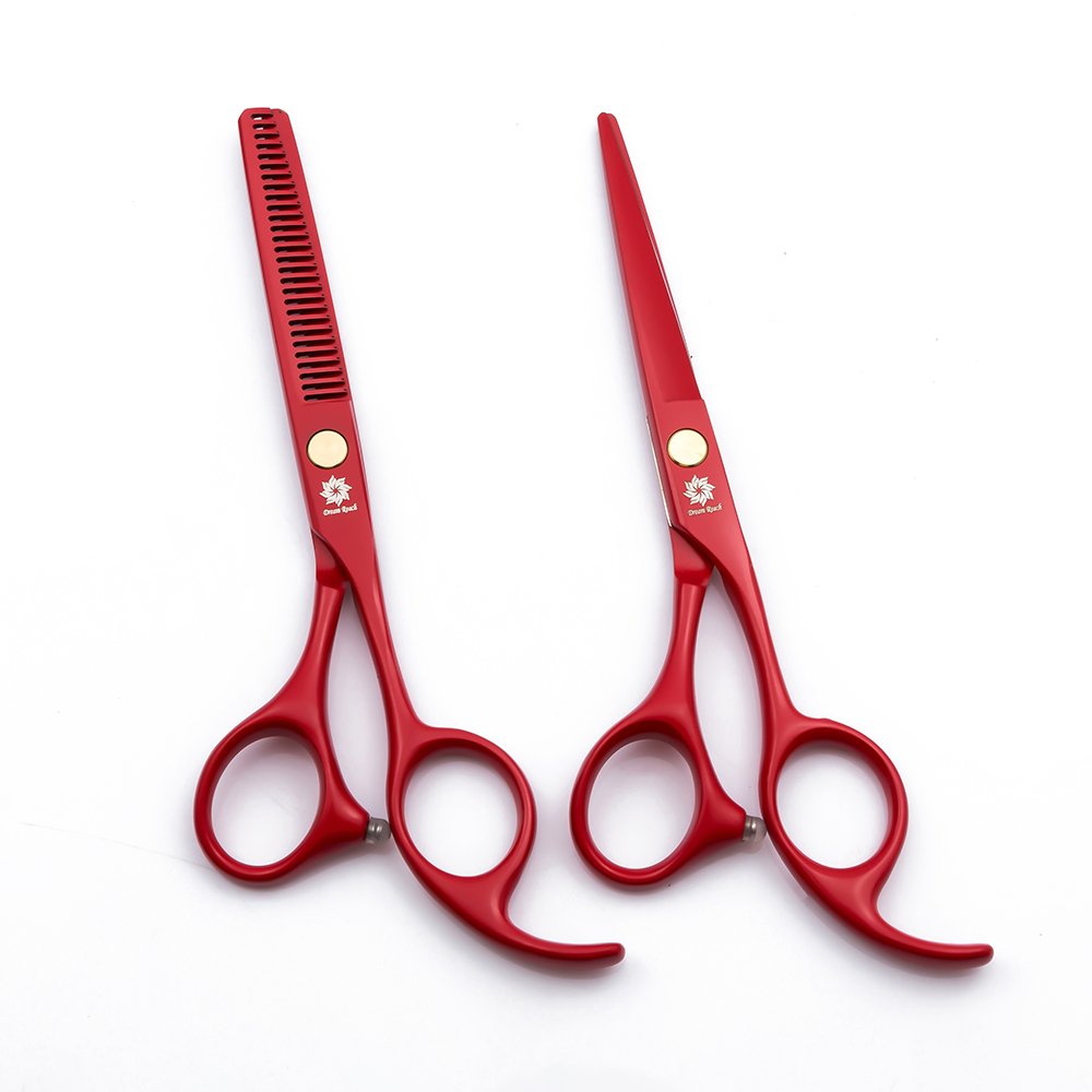 Professional Hair Scissors Set,5.5 inch Hair Cutting Shears and Thinning Shears,Barber Hair Scissor Styling Tool Stainless Steel Hairdressing Hair Stylist Scissors by Dream Reach (Red)