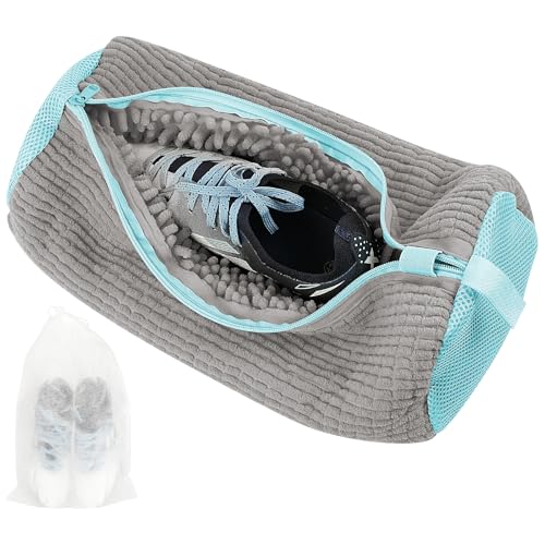 Flintronic Shoes Laundry Bag for Washing Machine, Chenille Shoe Cleaning Bag with Zipper Hook, Horizontal Style, Grey