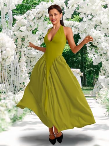 Image of ChiaoLezhee Deep V Neck Dress, Halter Maxi Dresses, Vacation Date Night, Sexy for Women Corset Flowy Wedding Guest Drop Waist