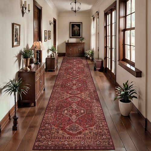 Tangsoo Boho 2.6x12 Washable Hallway Runner Rug, Red Non Slip Long Rug