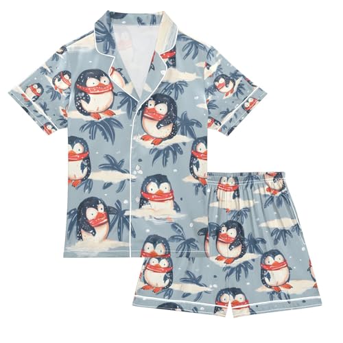 Penguin with Scarf Satin Summer Pajama Sets Silk Short Sleeve Button Down Sleepwear