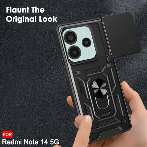 Image of TheGiftKart Tough Armor Bumper Back Cover Case for Mi Redmi Note 14 5G / Note 14 SE 5G | Rotating Camera Cover, Kickstand & Ring Holder | 360 Degree Protection Back Cover Case (PC & TPU, Black)