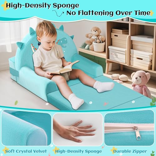 JUOIFIP Dinosaurier Kindersofa, Aufklappen 2 in 1 Mini Couch, 150cm Wweiches Kristall Samt Kleinkinder Spielsofa für Schlafzimmer Wohnzimmer, Spielzimmer, Geburtstag Geschenk für Jungen Mädchen