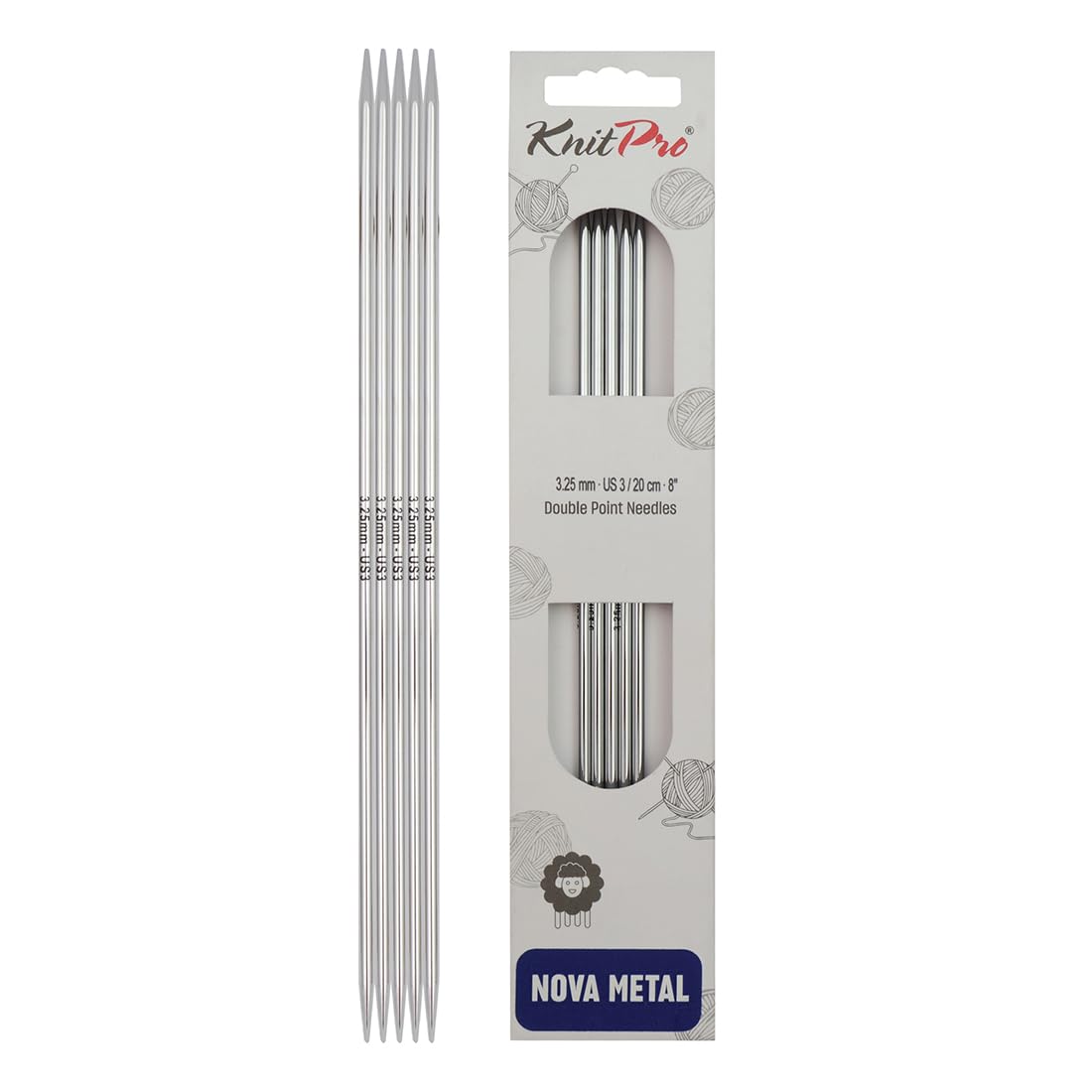 KnitPro 20 cm x 3.25 mm Nova Double Pointed Needles, Silver