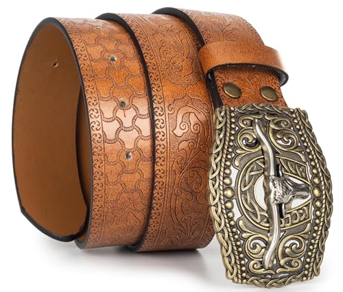 Image of UTOWO Western PU-Leather Cowboy Buckle Belt for Men and Women Jeans Engraved Floral Longhorn Bull Buckle Belt (25-38 inch waist)