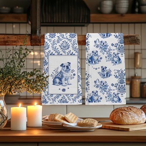 Image of Chinoiserie Pug Kitchen & Hand Towels Set of 2,Blue and White Floral Dog Dish Towel, Vintage Toile Pug Hand Towel for Farmhouse Bathroom Kitchen Decor,Dog Lover Gifts for Women
