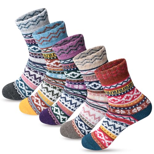 besky 5 Pairs Winter Wool Socks Women, Knit Thick Wool Soft Warm and Breathable Cozy Socks for Womens