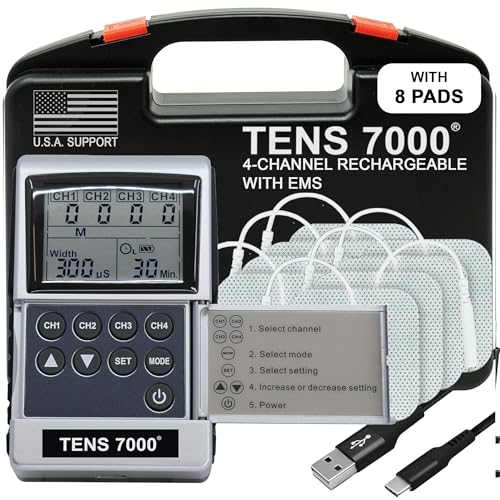 TENS 7000 Pro Rechargeable Tens Unit Muscle Stimulator, 4 Channels, Back Pain Relief, 8 Electrodes/Unit Pads, EMS and TENS Machine, Muscle Recovery & Growth, Stim Machine, Electrotherapy