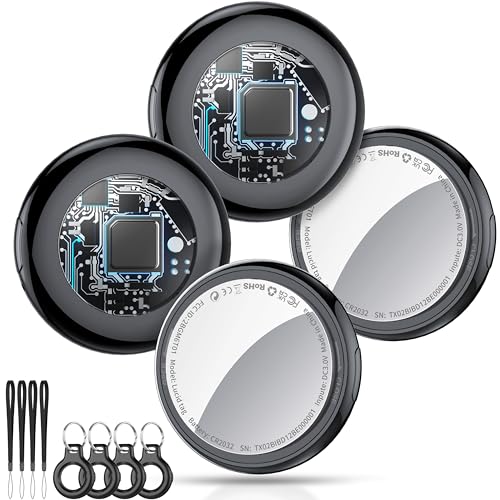 Tukio Air Tags 4er Pack Schwarz, Smart Key Finder Kompatibel mit Apple Wo ist? APP (iOS NUR), Airtag für Schlüssel/Taschen, Koffer-Tracker mit Austauschbarer Batterien, Kleine Elektronik Tracker