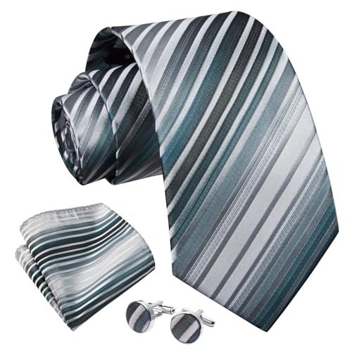 Image of Enlision Mens Ties Stripe Tie and Pocket Square Set Classic Formal Woven Neckties Handkerchief Cufflinks Wedding
