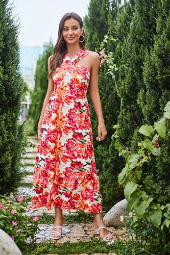 Image of GRACE KARIN Womens Summer Floral Dresses 2026 Boho Maxi Dress Flowy Halter Sundress Casual Vacation Beach Clothes with Pocket
