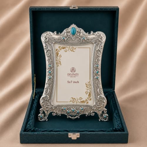Image of Diviniti Vintage Silver Photo Frame with Blue Crystal Accents | Antique Decorative Tabletop Picture Frame | Ornate Floral Metal Frame for 4x6 Inch Photos | Luxury Home Decor Gift for Living Room & Bedroom