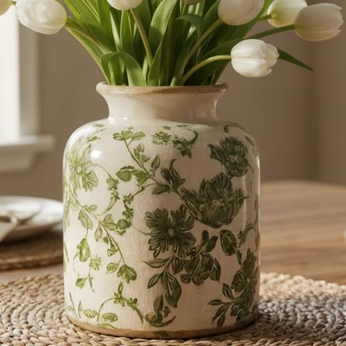 SincereLuxe Vintage Green Crackle Glaze Ceramic Flower Vase, 6&rdquo; Small Rustic...