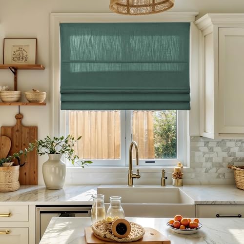 Image of TWOPAGES Isabella No Drill Cordless Roman Shade Linen Textured Cotton Roman Blind for Windows, Custom Made Room Darkening Blackout Roman Window Shade, Hardware Included, Greenlake, 1 Piece