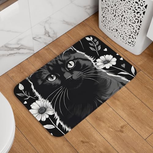 玄関マット 花 黒猫 ネコ柄 ドアマット 室内 屋外 バスマット おしゃれ 泥落とし 洗える 滑り止め 足拭きマット 浴室 台所 寝室 業務用 四季通用 60cm×40cm