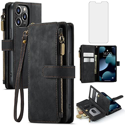 Asuwish Phone Case for iPhone 13 Pro 6.1 inch Wallet Cover and Tempered Glass Screen Protector Leather Flip Credit Card Holder Stand Cell iPhone13Pro 5G i i-Phone i13 iPhone13 13Pro Women Men Black