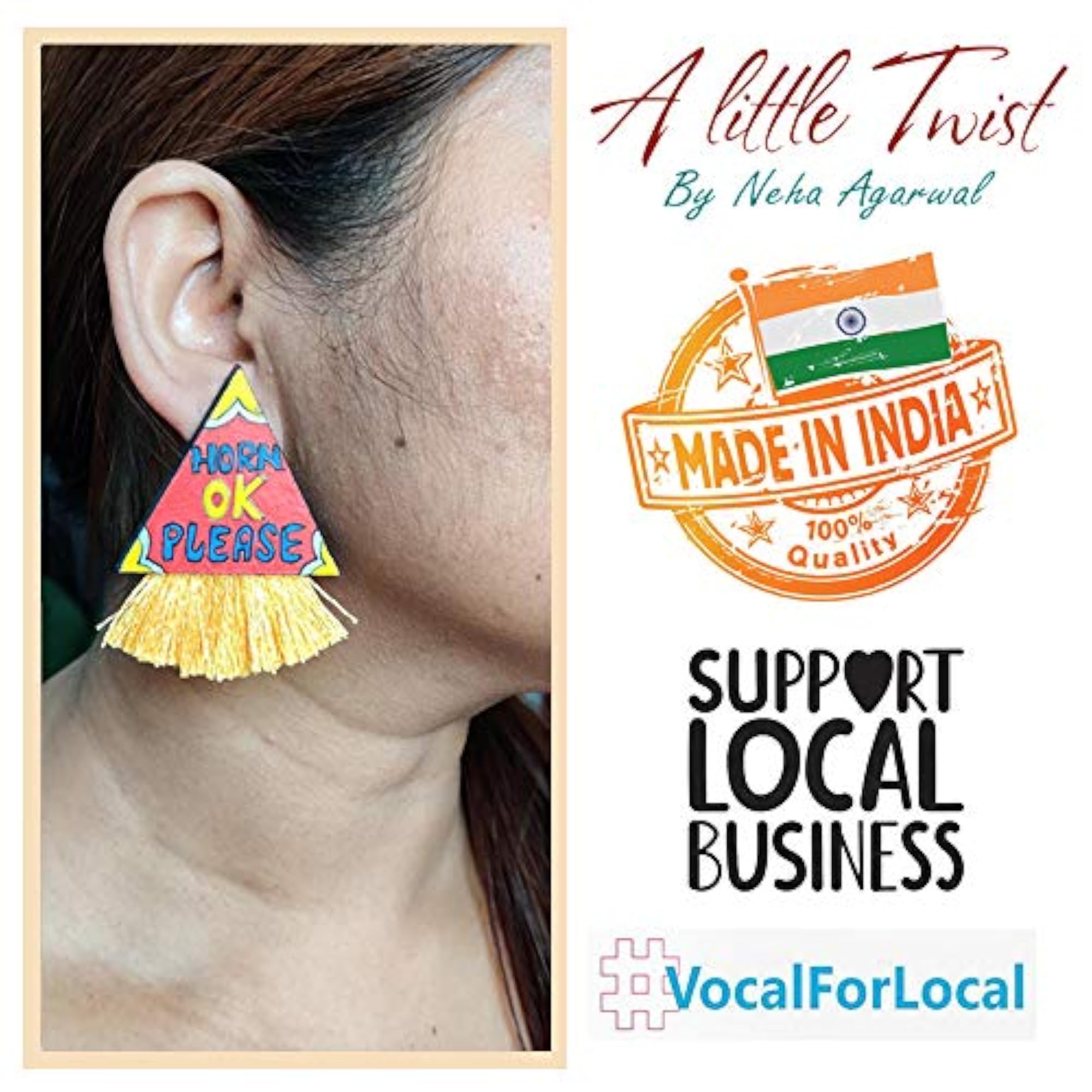 Women's Red Wooden Hand Painted Quirky Triangle Earrings