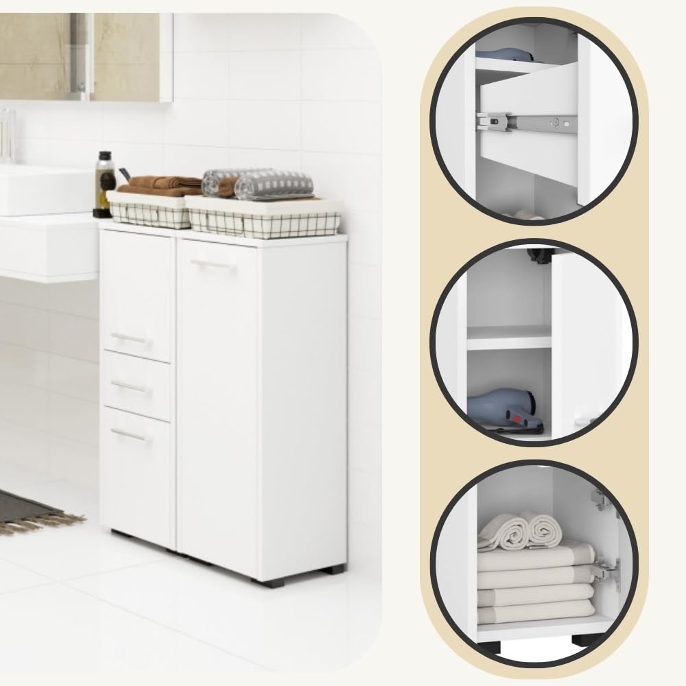 AKORD | Columna de baño Fin 85 | 30x85x30 cm, Peso 25 kg | 2 Puertas y 1 Cajón | Mueble Moderno | Mueble de Pared | Armario Cerrado de Suelo | También Adecuado como Armario Colgante | Blanco