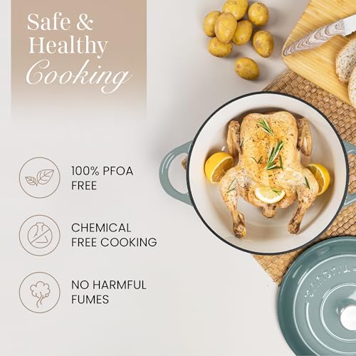 Image of Nuovva Enamelled Cast Iron Dutch Oven Pot with Lid 6.4 Quart Non Stick Casserole Pot-Heavy Duty & Oven Safe up to 500 F for Bread Baking, Braising, Stews, Roasting - 28cm Sea Salt