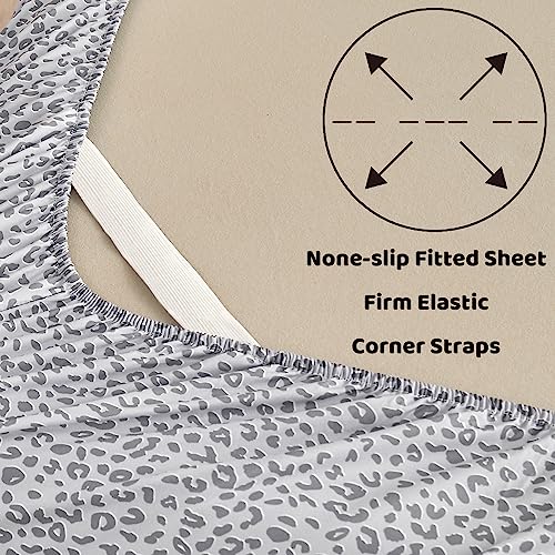 Image of Mooreeke Leopard Cheetah Printed King Bed Sheets, Soft Microfiber Bedding Sheets & Pillowcases, Deep Pocket Non-Slip Fitted King Sheet, Silver Grey Animal Pattern Bedsheets