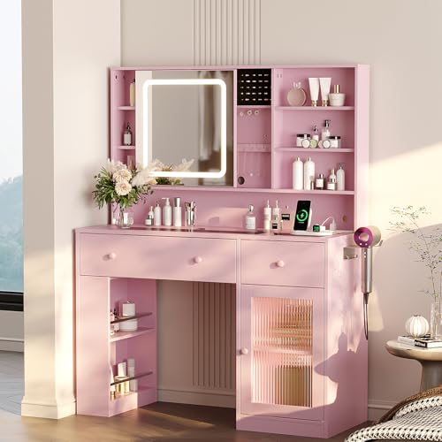 VINGLI Vanity Desk with Sliding Mirror and Lights, Glass Top Makeup Vanity Table w/Glass Cabinets w/Hidden Jewelry Storage & Power Outlets & Hairdryer Holder, 43in Pink Dressing Table Gifts Girls