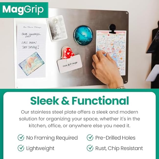 9 inches x 6.5 inches Stainless Steel Plate for Magnets, 3M Adhesive Back, Mounting Screws, Ideal for Magnetic Shelf, Spice Holders, Fridge Magnets. Mount Anywhere! (Silver, 2 Pack)