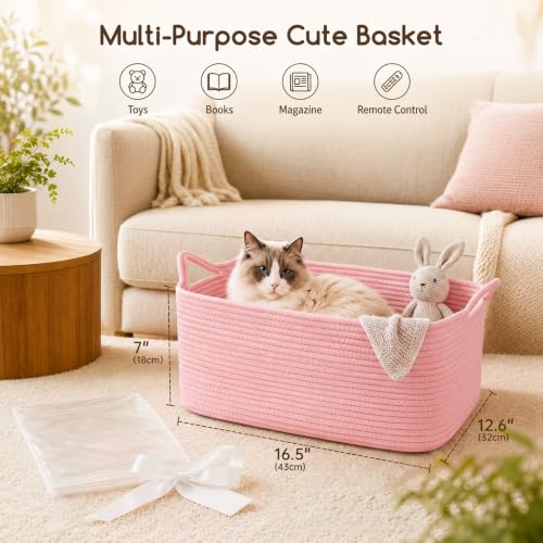 Image of OIASKET Large Empty Cotton Rope Gift Basket with Handles, 16.5 inchx12.6 inchx7 inch Decorative Woven Storage Basket with Gift Bag and Ribbon Set for Baby Shower, Toy Organizer for Kids, Dogs & Cats - Pink