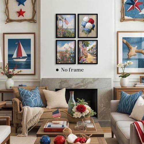 Image of WEFKODO Vintage Patriotic Decor Wall Art Prints 4Pcs, Retro Hydrangea Floral America Flag Pictures Wall Decor, Patriotic 4th of July Decorations for Home Bathroom Bedroom Set of 4, 8x10 Inch Unframed