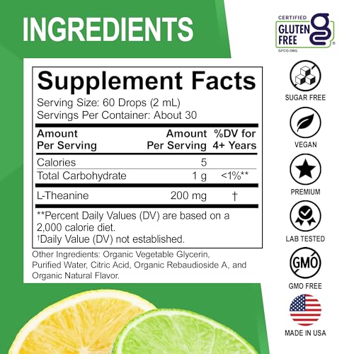Image of L Theanine 200mg Liquid Drops - Natural Sleep Support & Focus Supplement for Kids & Adults - Vegan, Non-GMO, Gluten Free 200mg Pure L-Theanine Drops Liquid Supplements, Mood Ltheanine for Kids 2 FL Oz