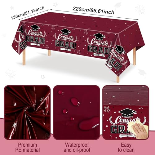 Image of Graduation Decorations 2026 - 3 PCS Maroon Graduation Tablecloths,Plastic Disposable Smoked Red Congrats Grad Table Cover for College PhD Party Decorations Class of 2026 Party Supplies,51.2x86.6inch