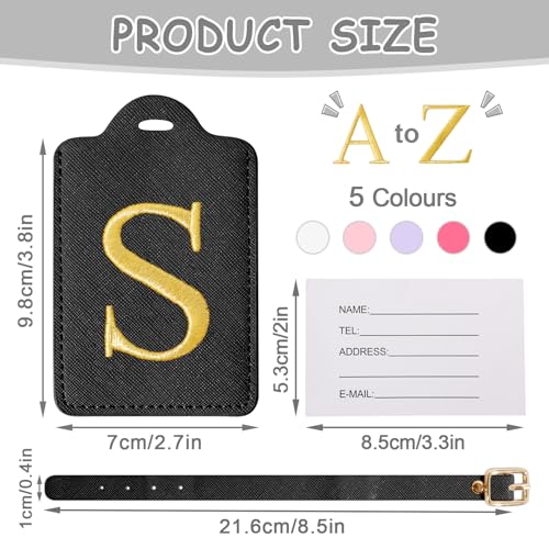 Image of Personalized Initial Luggage Tags for Suitcases, Cute PU Leather Embroidered Letter Travel Luggage Tags, Suitcase Identifier Name Baggage Tag, Bag Tags for Men Women Kids Luggage Handbags(Black S)