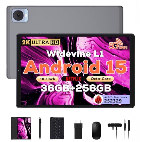 Image of 2025 Tablet 10.4 inch Android 15 Tablets with Keyboard Stylus Mouse: 2K IPS Tablette (2000x1200), 36GB+256GB(1TB TF), 5G /2.4G Dual WiFi, 8-Core 1.6GHz, 8000mAh,8+13MP, Widevine L1- Gray
