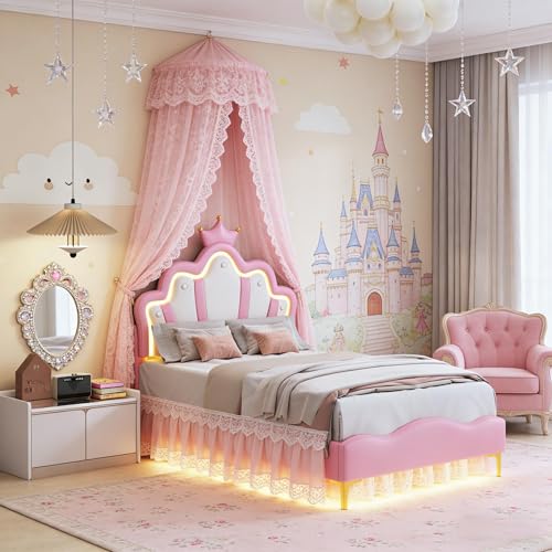 BIYFSDS Cama infantil 90 x 200 cm, Cama acolchada 90 x 200 con LED, Camas Princesas para Niña en Forma de Corona con Somier de láminas y cabecera ajustable Marco de cama Capitonado (Rosa 2, 90 x 200)