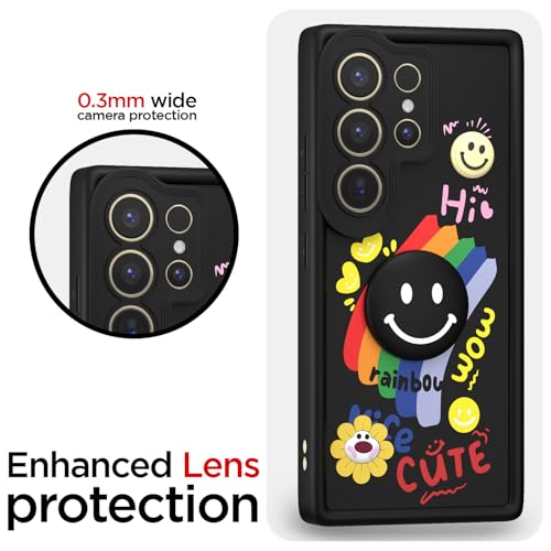 Image of Pikkme Back Cover for Samsung Galaxy S25 Ultra 5G | Soft Silicone| Cute Rainbow Smile & 3D Cartoon Flower Design | Shockproof Raised Camera Protection Bumper Case (Black)