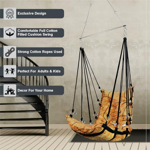 Image of JULJULIA Swing for Balcony Comfortable Cotton Swing Relaxing Jhula for Adults for Home Indoor Outdoor Hanging Seat for Apartment Patio Terrace Garden- 200 kg Weight Capacity - Velvet Design Yellow