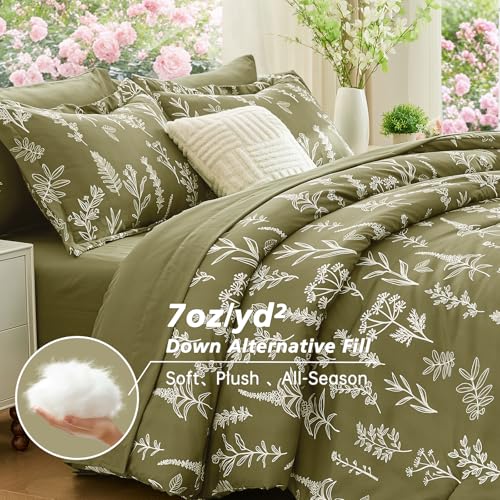 Image of MUXHOMO Olive Green Full Comforter Set, Elegant Floral Print Bed in a Bag 7 Pieces, Ultra Soft & Breathable Reversible Botanical Pattern Bedding Set with Comforter, Sheets, Pillowcases, and Shams