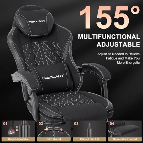 Image of Misolant Gaming Chair, Fabric Gamer Chair with footrest for Adults, High Back Ergonomic Computer Game Chair with Adjustable Headrest and Massage Lumbar Support, 90-155 Recline Free,Black