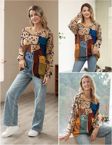 Image of YESNO Women Christmas Sweater Graphic Printed Oversized Pullover Sweaters Casual Loose Knit Tops S01