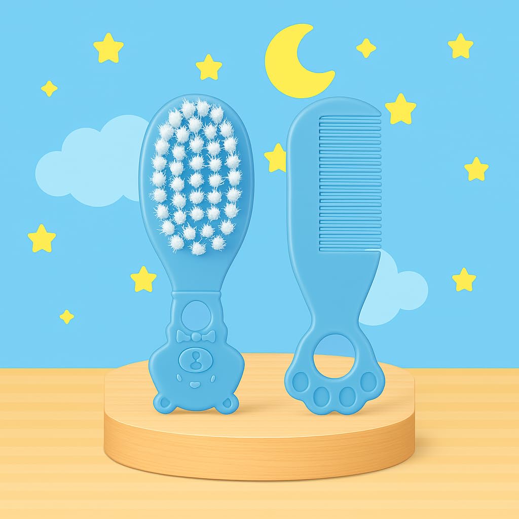 Baby Soft Bristles Hair Comb And Rounded Tip Hair Brush For Babies Sensitive Skin Care Grooming BPA Free (PATTERN 370)-image-37