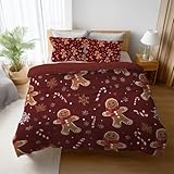 Bettwäsche 200 x 200 cm - Bettbezug Angenehm Leicht Atmungsaktiv - Modedrucke Mikrofaser 3teilig Set mit Kissenbezüge 80x80 cm Cartoon Essen Lebkuchenmann mit Reißverschluss Dunkelrot