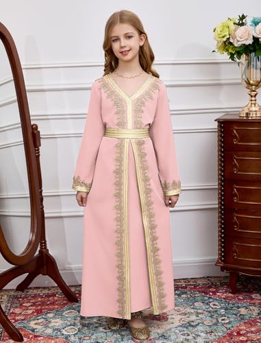 Muslim Dress for Kids Girls Abaya Middle East Ramadan Long Sleeve Lace Prayer Dress Arabic Kaftan with Belt2