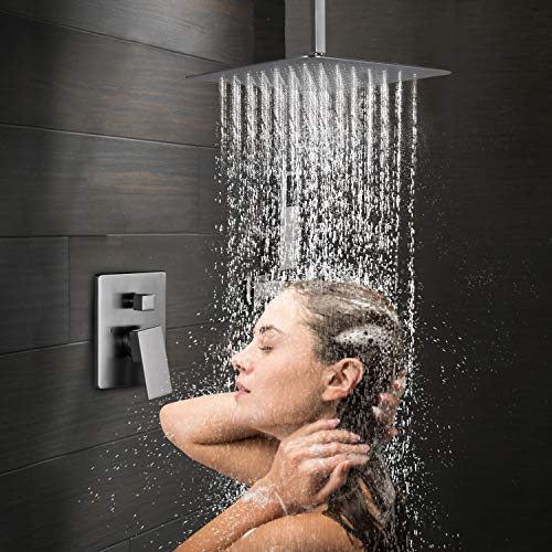 Esnbia Shower System, 12 Inch Ceiling Mount Brushed Nickel Shower Faucet Bathroom Luxury Rain Mixer Shower Combo Set Rainfall Shower Head System (Rough in Shower Faucet Vlave Include） - Thumbnail 2