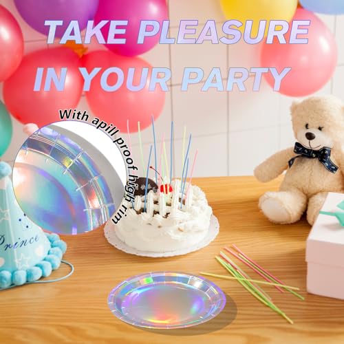 Image of Iridescent Disposable Paper Plates, 7'' Dessert Cake Plates, 50 Count Bulk | Colored and Sturdy Durable Party Plates, for Birthday, Baby & Bridal Showers, Halloween, BBQ, Weddings，for Cake & Snacks