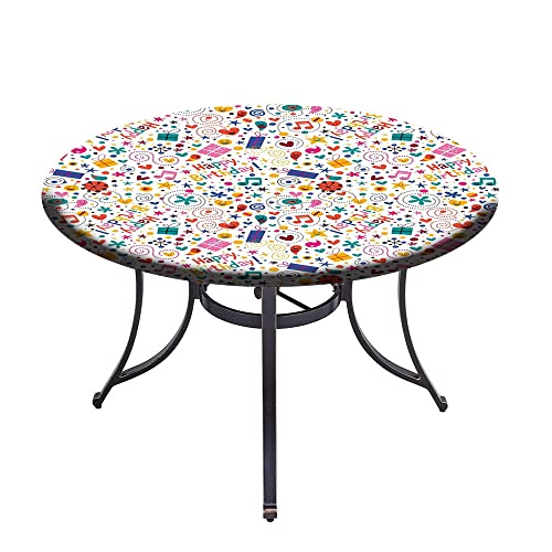 Juntaiy Round Edge Closing Tablecloth, Birthday Decor Elastic Edged Tablecloth, Dotted Spirals Stars Hearts Musical Notes, Fit Round Tables 32Inch Diameter, For Indoor Outdoor Fits, Multicolor #TOP3