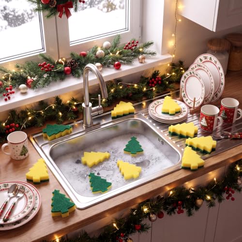 Image of Tioncy 12 Pack Christmas Tree Kitchen Sponges Bulk Green and Yellow