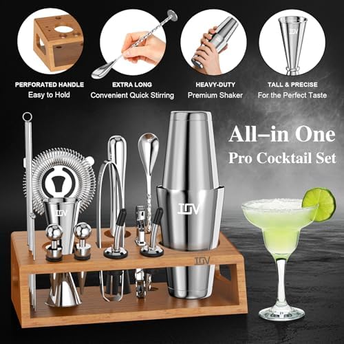 IOV Mixology Bartender Kit Bar Set with Stand | 17-Piece Cocktail Shaker Set | 28oz Boston Shaker Drink Mixer Set with All Essential Accessory Tools | Fun Housewarming Gift (Silver) - Thumbnail 2