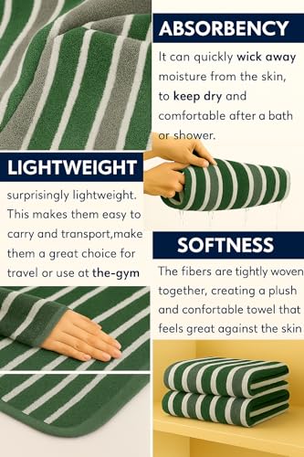 Image of Cortina Stripe Printed Microfiber Towels for Bath Large Size-Super Soft Coral Fleece Bathing Towel with Hook Quick Dry Super Absorbent-Bath Towel for Men and Women-70x140 cm [ Green ]