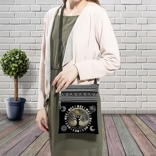 Image of Moon Tree of Life Messenger Bag Small Ethnic Pattern Printed Adjustable Strap Crossbody Zipper Pouch Moon Tree of Life Phone Organizer Wallet Cute Shoulder Handbag for Women